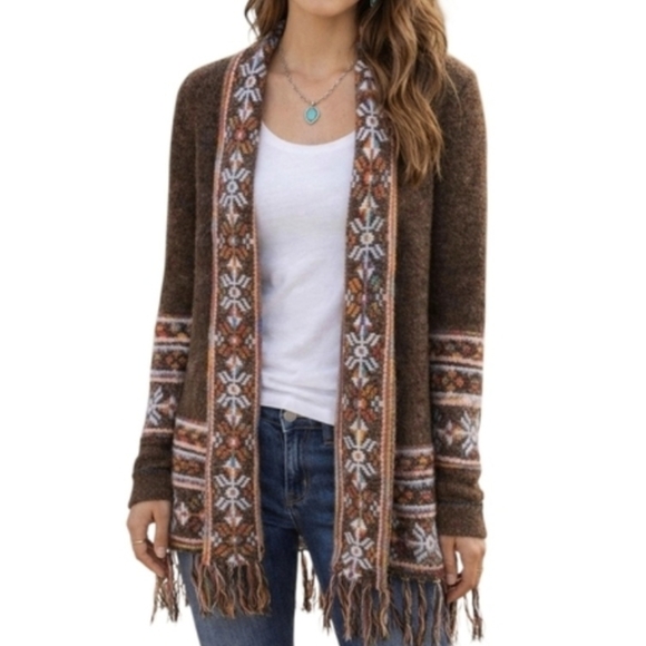 ADORA Sweaters - Adora Long Southwestern Aztec Open Cardigan With Fringe M/L